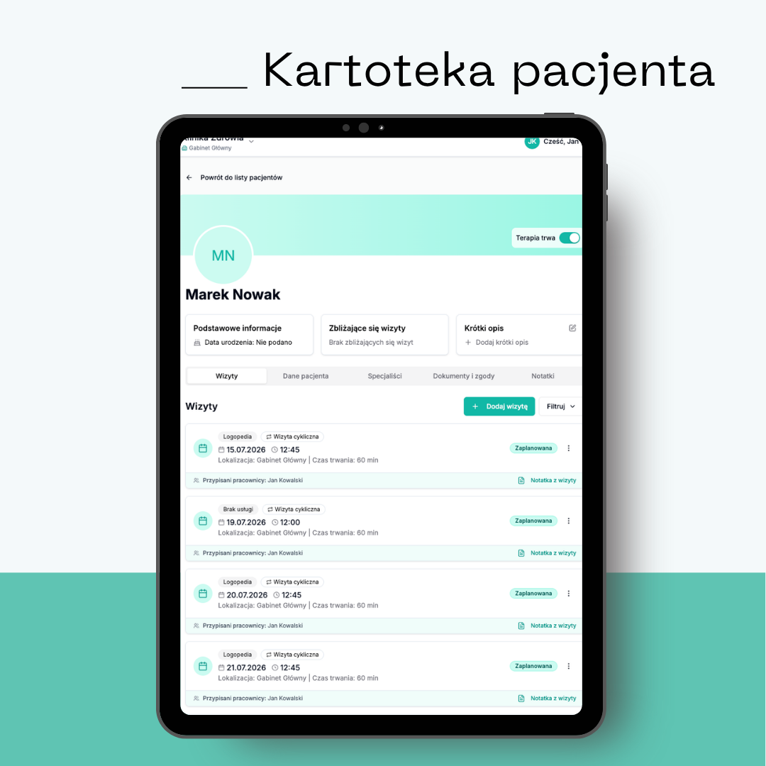 Kartoteka pacjenta ProGabinet — profil z historią wizyt